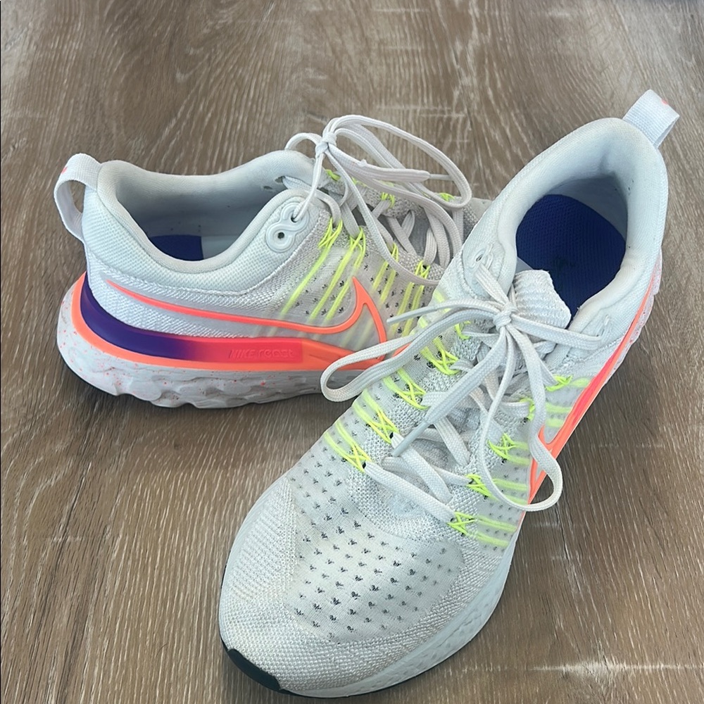 Nike React Flyknit White and Neon Sneakers Mesh